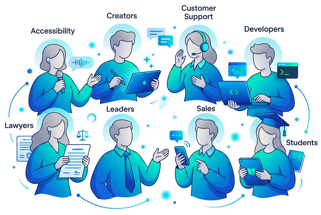 Voio users — accessibility, creators, customer support, developers, lawyers, leaders, sales, students